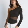 Asymmetrische bodysuit met doorschijnende details Asymmetrische bodysuit met doorschijnende details