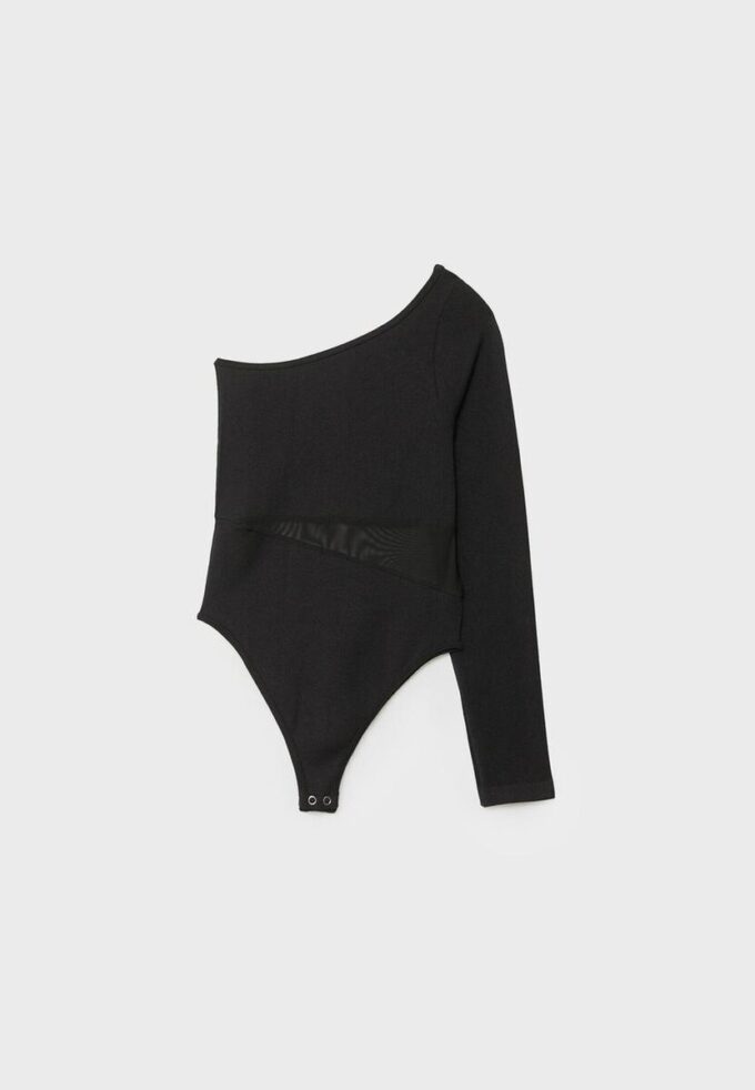 Asymmetrische bodysuit met doorschijnende details Asymmetrische bodysuit met doorschijnende details