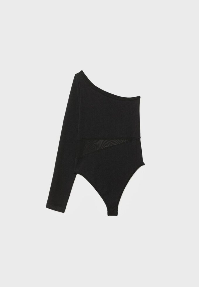 Asymmetrische bodysuit met doorschijnende details Asymmetrische bodysuit met doorschijnende details