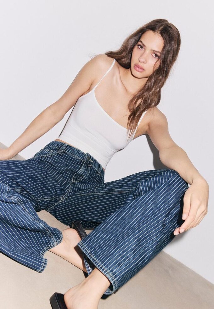 Baggy jeans met gestreepte print en middelhoge taille Baggy jeans met gestreepte print en middelhoge taille