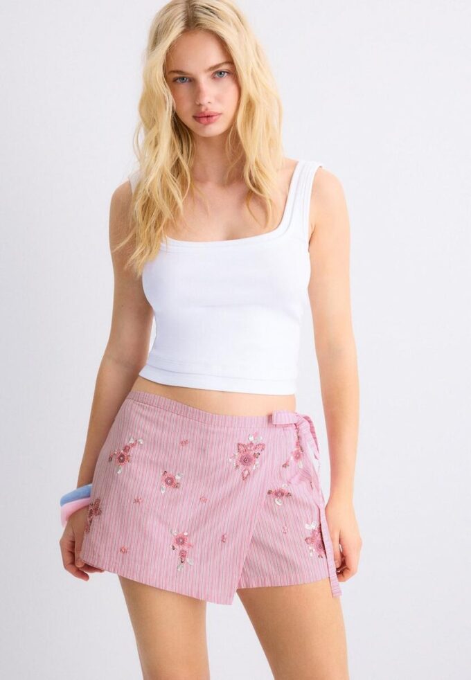 Geborduurde gestreepte sarong-Skort