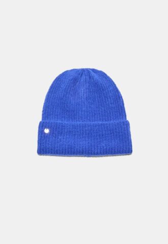 Geribde beanie met plaquette