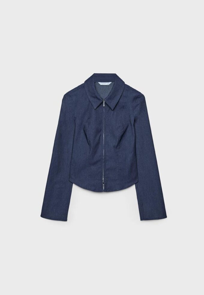Getailleerd denim overhemd met dubbele ritssluiting Getailleerd denim overhemd met dubbele ritssluiting