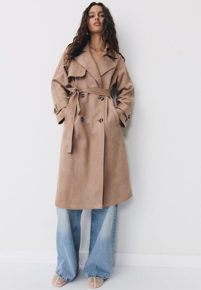 Lange trenchcoat van imitatiesuède