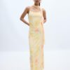 Midi-jurk van tule met prints en sjaal