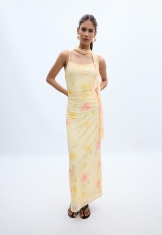 Midi-jurk van tule met prints en sjaal