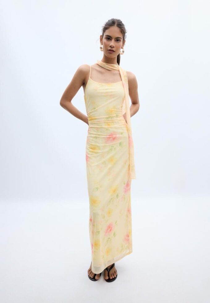 Midi-jurk van tule met prints en sjaal