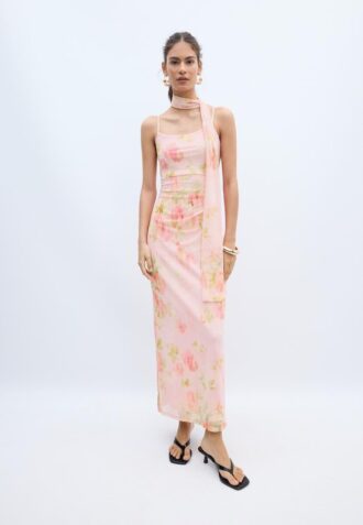 Midi-jurk van tule met prints en sjaal