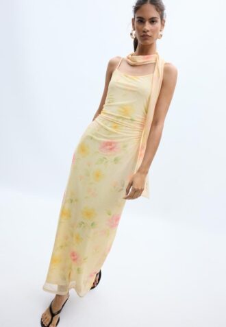 Midi-jurk van tule met prints en sjaal