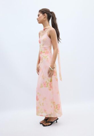 Midi-jurk van tule met prints en sjaal