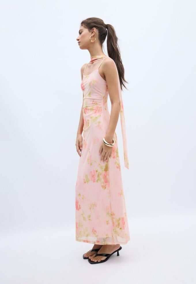 Midi-jurk van tule met prints en sjaal Midi-jurk van tule met prints en sjaal