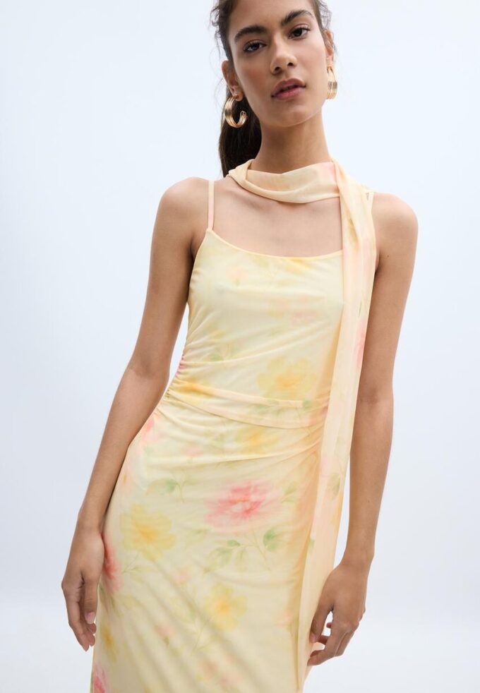 Midi-jurk van tule met prints en sjaal