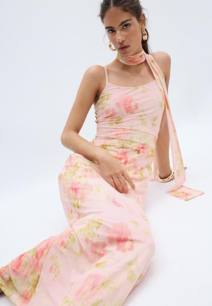 Midi-jurk van tule met prints en sjaal Midi-jurk van tule met prints en sjaal