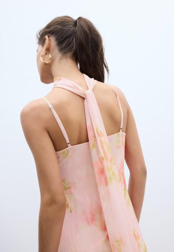 Midi-jurk van tule met prints en sjaal Midi-jurk van tule met prints en sjaal