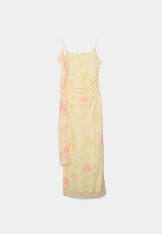 Midi-jurk van tule met prints en sjaal