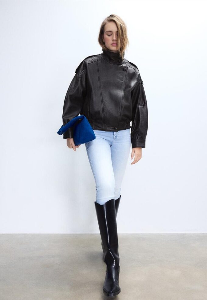 Oversize 100% leerjas met klep