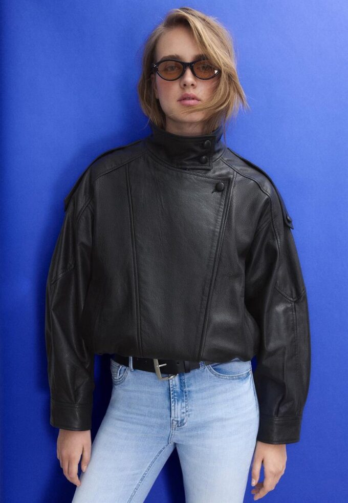 Oversize 100% leerjas met klep