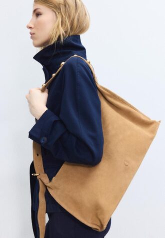 Platte schoudertas met studs, 100% Leer