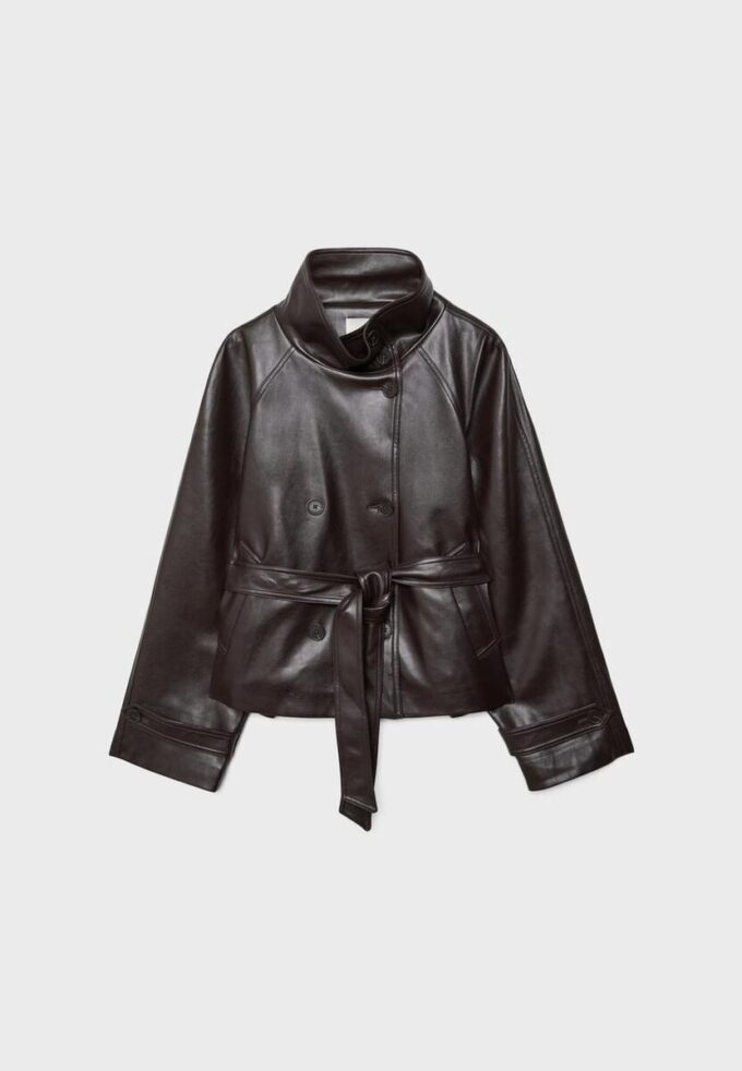 Trenchcoat met hoge kraag en leerlook Trenchcoat met hoge kraag en leerlook