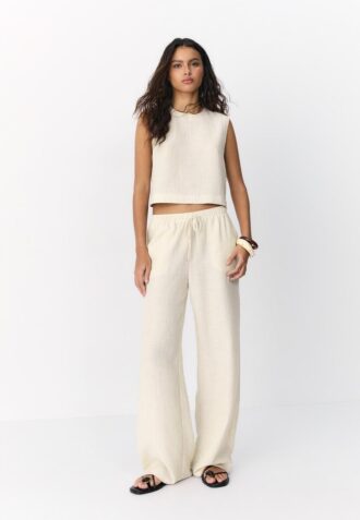 Vloeiende broek met metallic draad en linnenlook